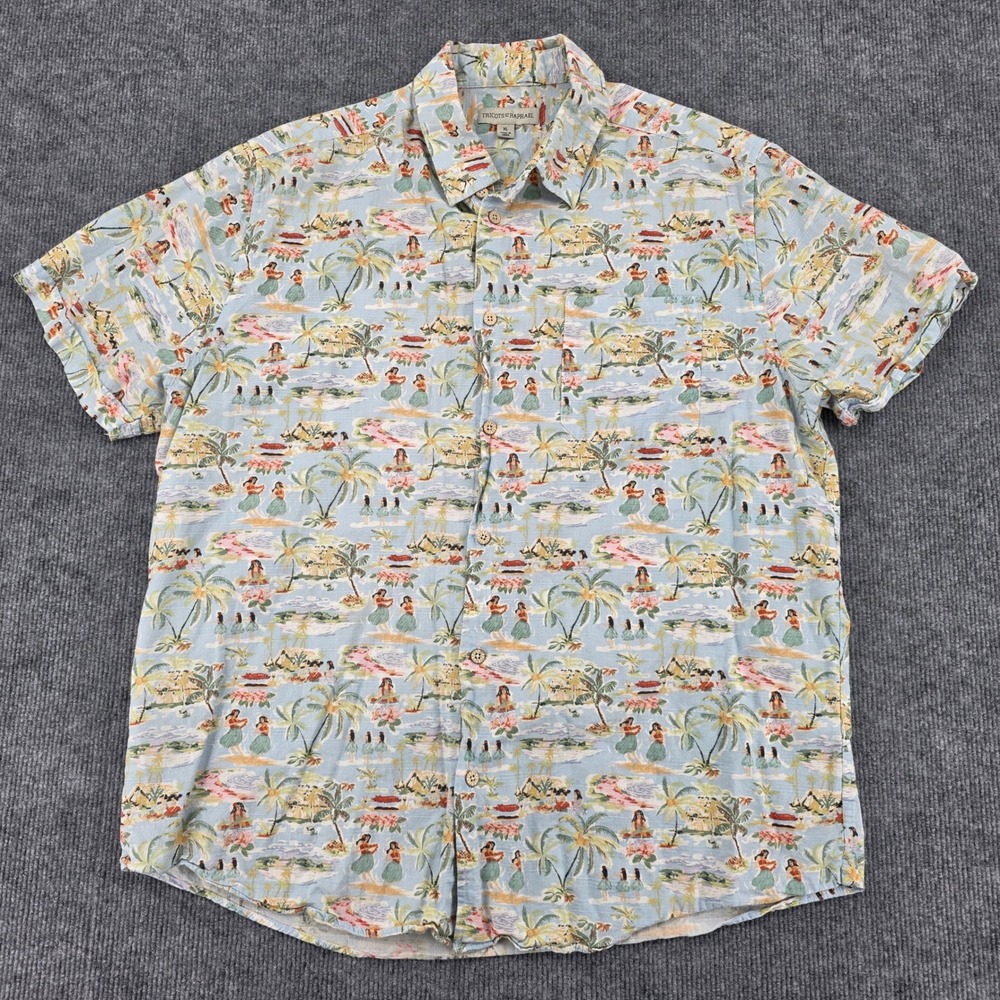 Tricots St Raphael Mens XL Hawaiian Shirt Hula Dancers Tropical Blue Cotton